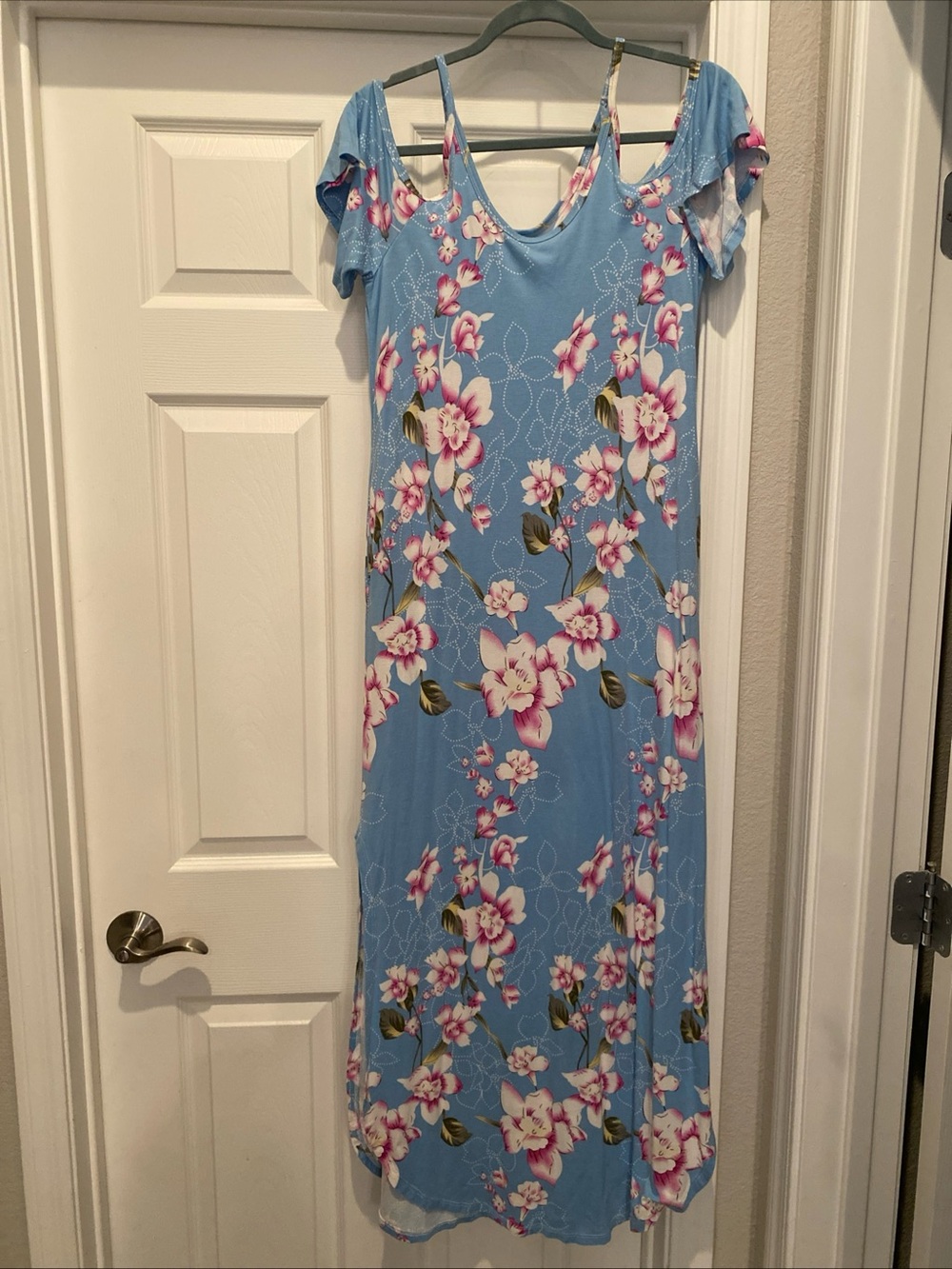 M Grecerelle lightweight blue Hawaiian floral maxi dress cold shoulder